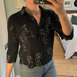 Navy Blue Monki Buttondown Lightweight Work Top with Fun Face Pattern - Like New